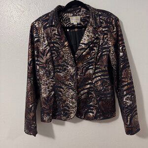 erin london Animal Print Blazer Jacket Brown Gold Metallic Button Front